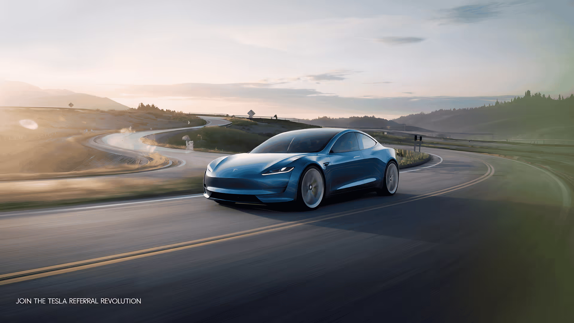 Hero image featuring a sleek, blue Tesla car driving on a curving road at sunrise